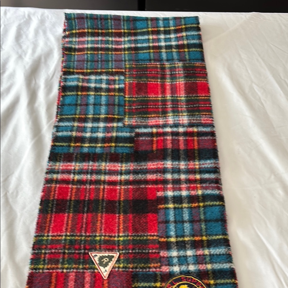 Polo Ralph ITALY Lauren Red Blue WOOL BLEND Plaid FISHING HUNTING PATCHES SCARF - Picture 7 of 12